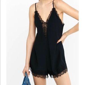 Black lace trim romper